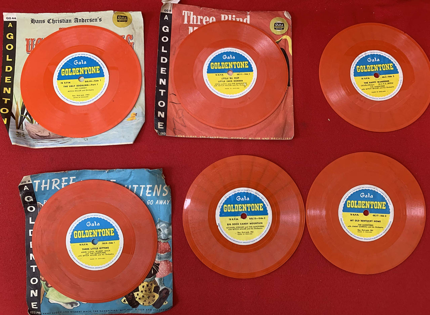Vintage 1960s Gala Goldentone Set Of 6 Childrens Orange Vinyl Records 78RPM 6 Inch - Stories & Nursery Rhymes