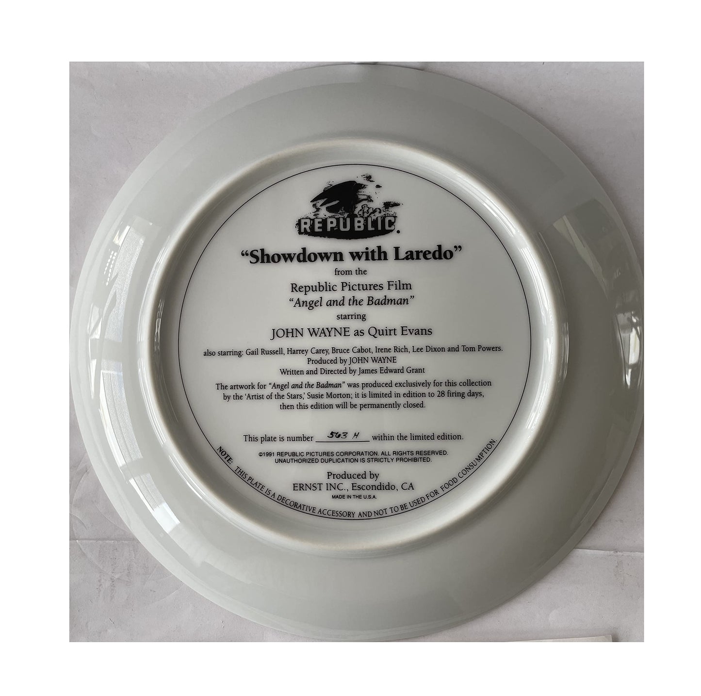 Vintage 1991 Showdown With Laredo Limited Edition Collectable Plate - Angel And The Badmsn - John Wayne As Quirt Evans - Shop Stock Room Find