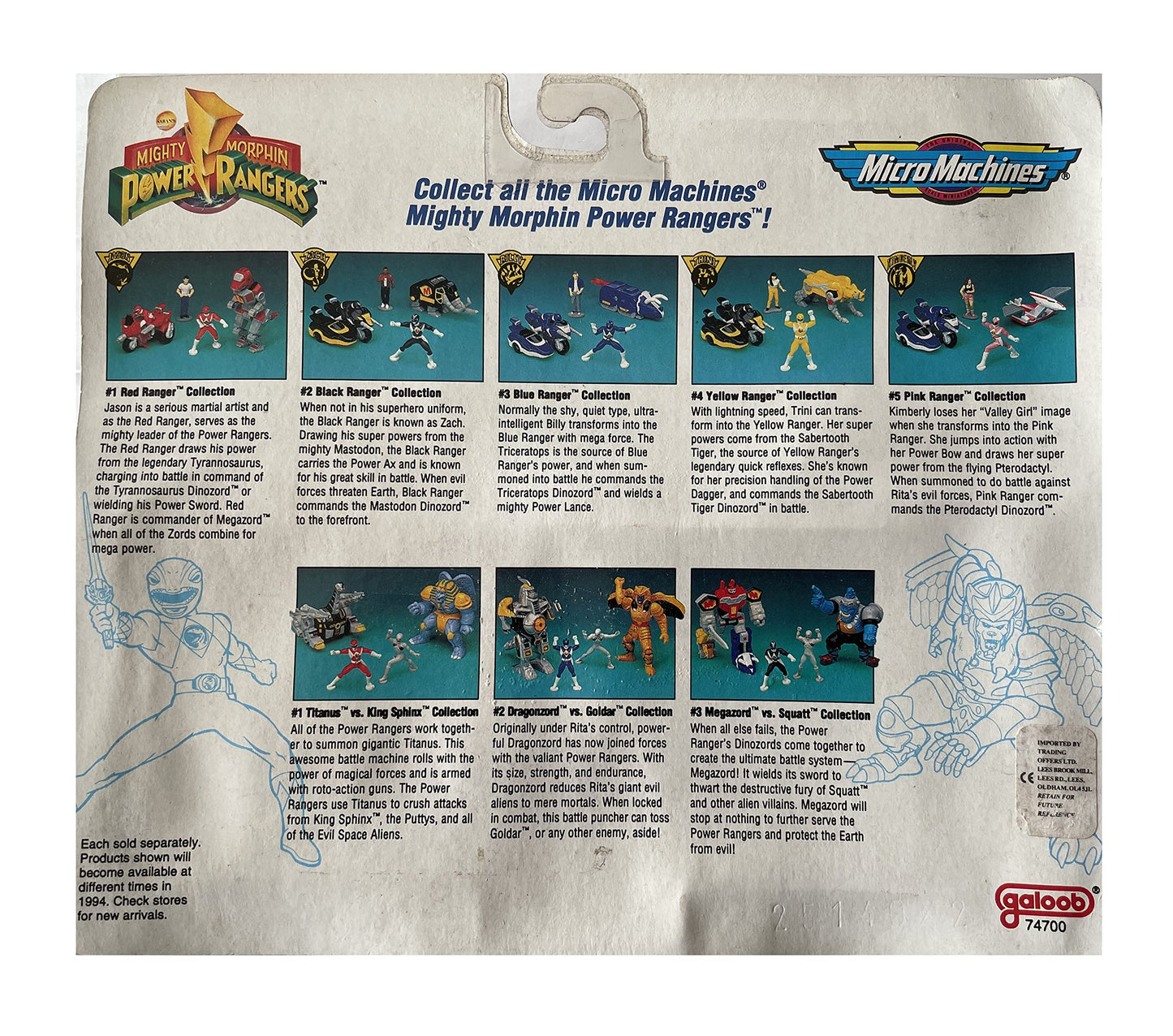 Vintage 1994 Mighty Morphin Power Rangers Micro Machines Miniature The Pink Ranger Set No. 5 - Includes The Pink Ranger Figure, Kimberly Figure, Pterodactyl Dinozord and The Triceratops Battle Bike With The Blue Ranger - Unsold Shop Stock Room Find