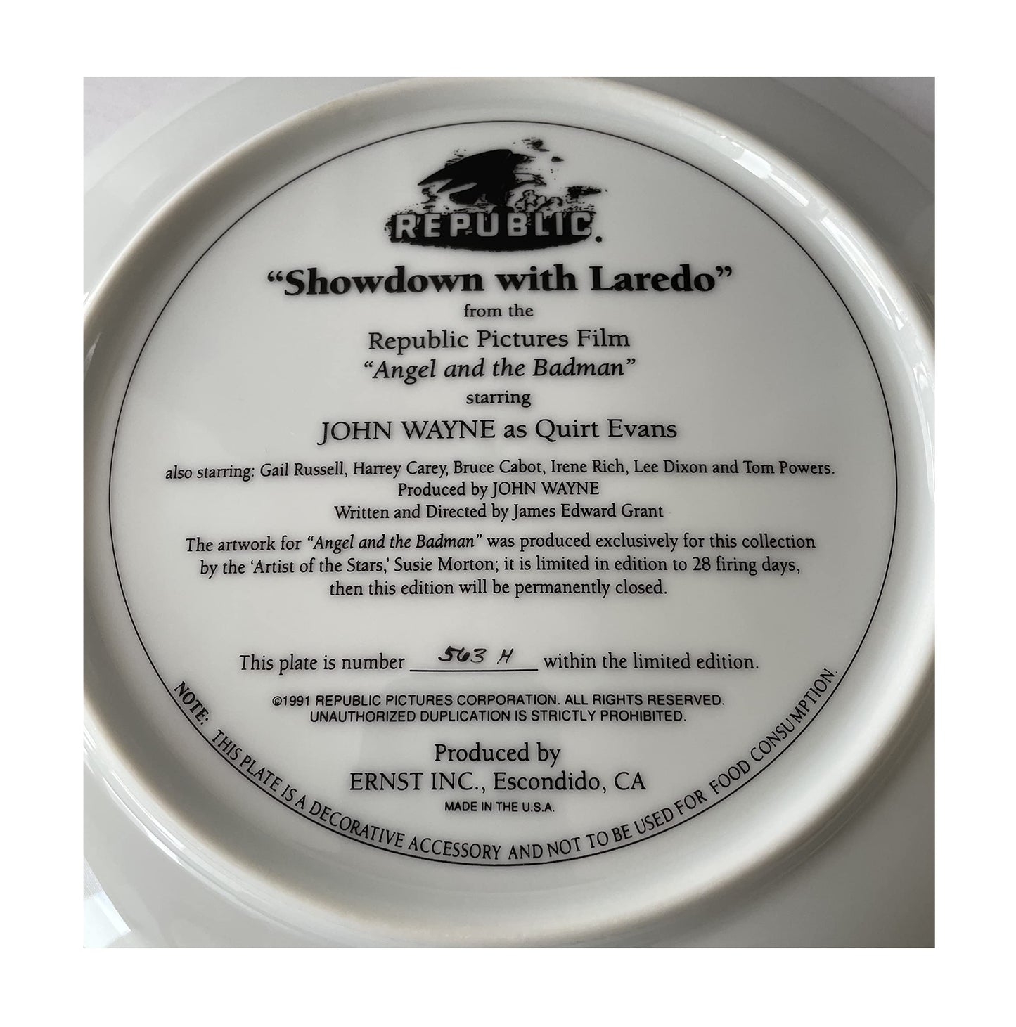Vintage 1991 Showdown With Laredo Limited Edition Collectable Plate - Angel And The Badmsn - John Wayne As Quirt Evans - Shop Stock Room Find