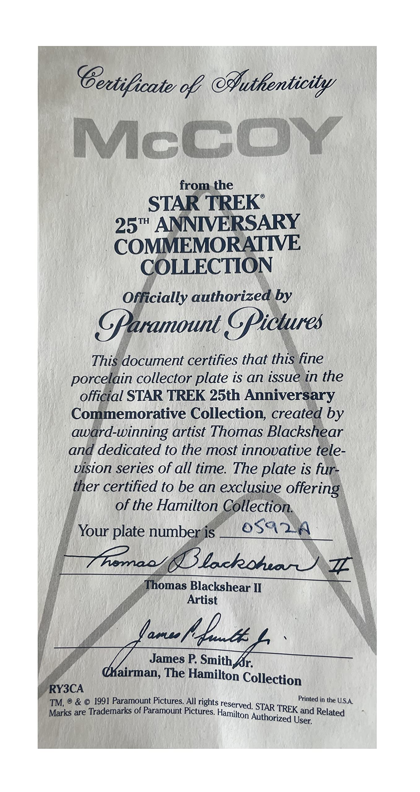 Vintage 1991 Star Trek The Original Series Dr Leonard McCoy 25th Anniversary Commemorative Plate - Shop Stock Room Find