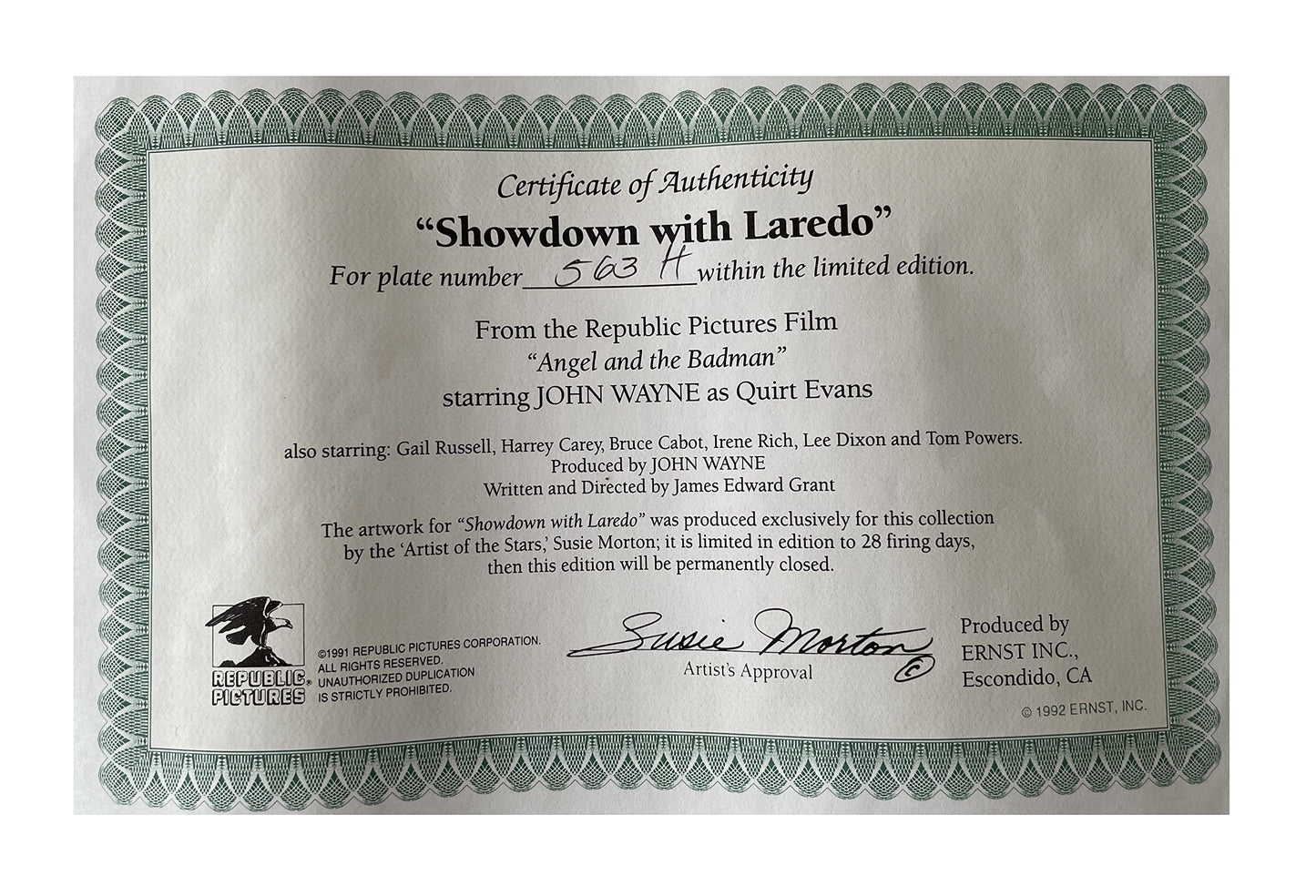 Vintage 1991 Showdown With Laredo Limited Edition Collectable Plate - Angel And The Badmsn - John Wayne As Quirt Evans - Shop Stock Room Find
