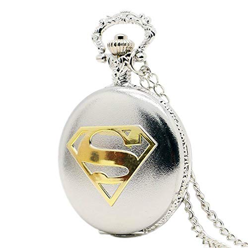 Superman Logo Novelty Themed Silver Quartz Pocket Watch On 32" Inch / 80cm Chain with Picture Dial Featuring The Superman Logo …