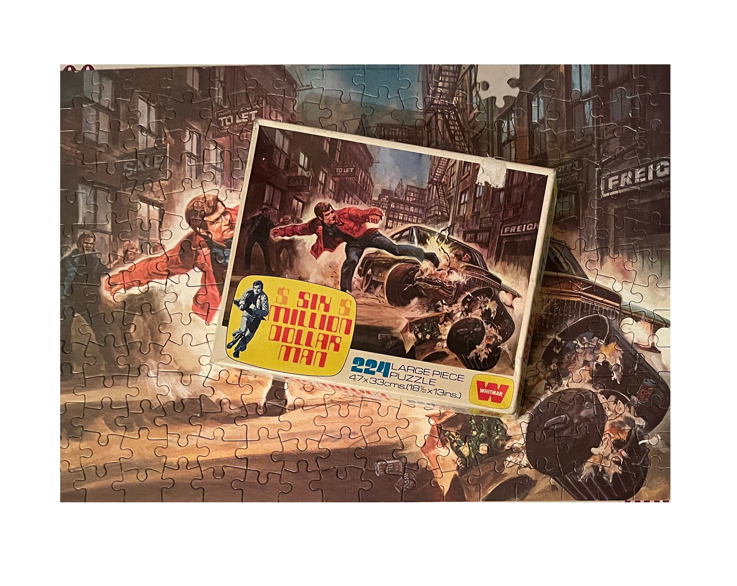 The Six Million Dollar Man Vintage 1976 Whitman 224 Large Piece Jigsaw Puzzle Number 7757 Animated Steve Austin Destroys Car - In The Original Box