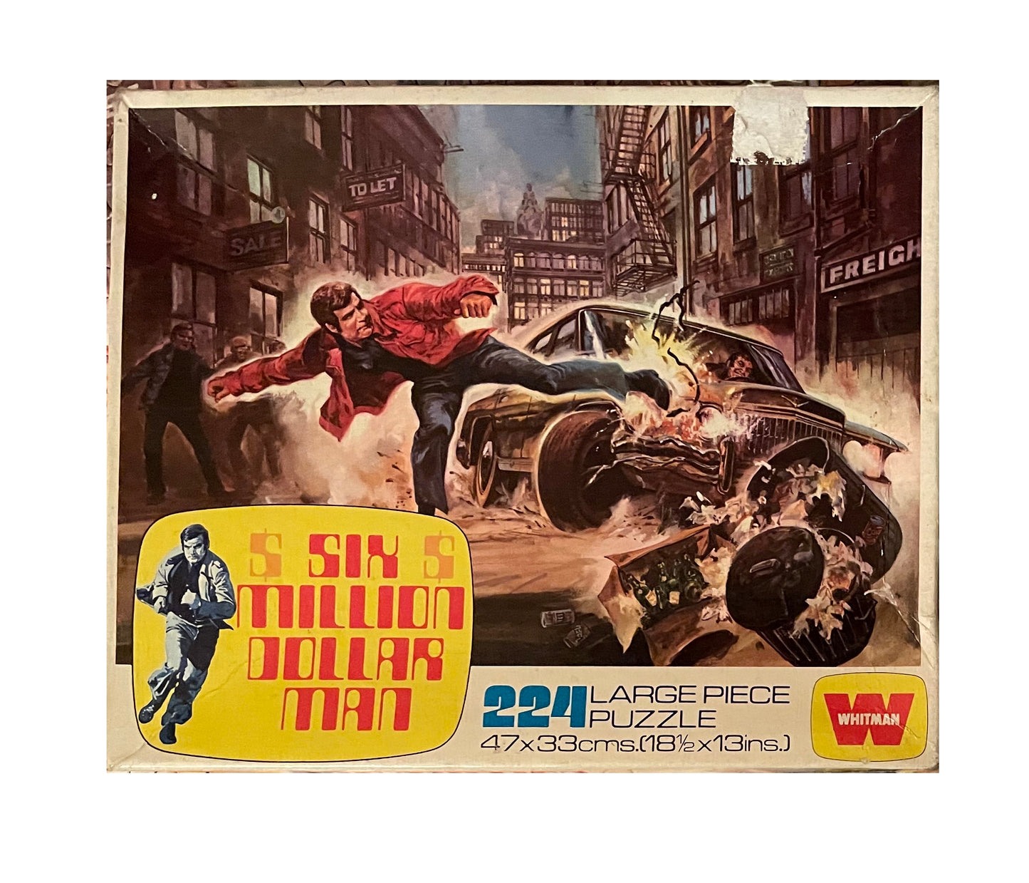 The Six Million Dollar Man Vintage 1976 Whitman 224 Large Piece Jigsaw Puzzle Number 7757 Animated Steve Austin Destroys Car - In The Original Box