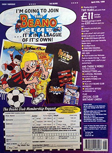 Vintage Rare 1999 The Beano Weekly Boys And Girls Comic Magazine - Ex Shop Stock