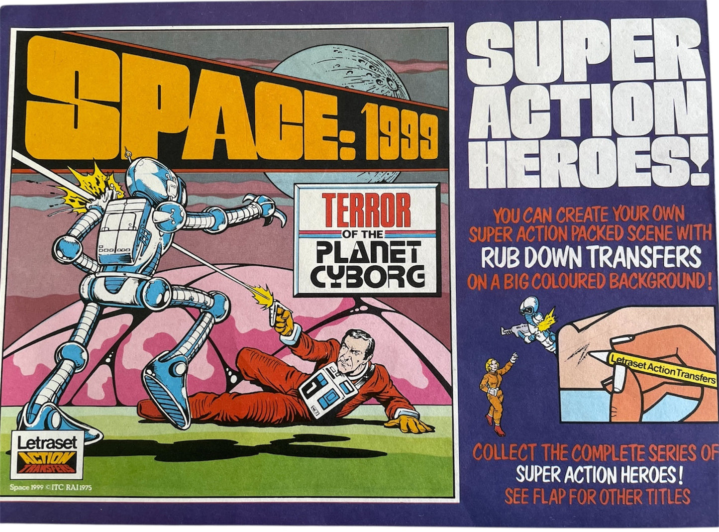 Vintage Latraset 1975 Gerry Andersons Space 1999 - Terror Of The Planet Cyborg - Super Action Heroes Rub Down Transfers On Big Coloured Background - Fantastic Condition Ultra Rare Item