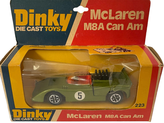 Vintage 1976 Dinky Die Cast Toys No. 223 McLaren M8A Can Am Sports Car 1/43 Scale Replica Model Vehicle Mint In The Original Box - Former Shop Stock