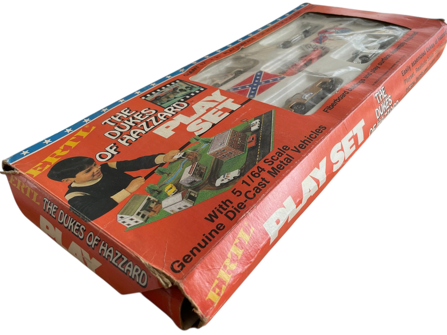 Vintage ERTLs 1981 The Dukes Of Hazzard Play Set - With 5 x 1/64 Scale Die-Cast Model Vehicles, Buildings, Trees And Play Surface - Fantastic Condition Ultra Rare Item - In The Original Box