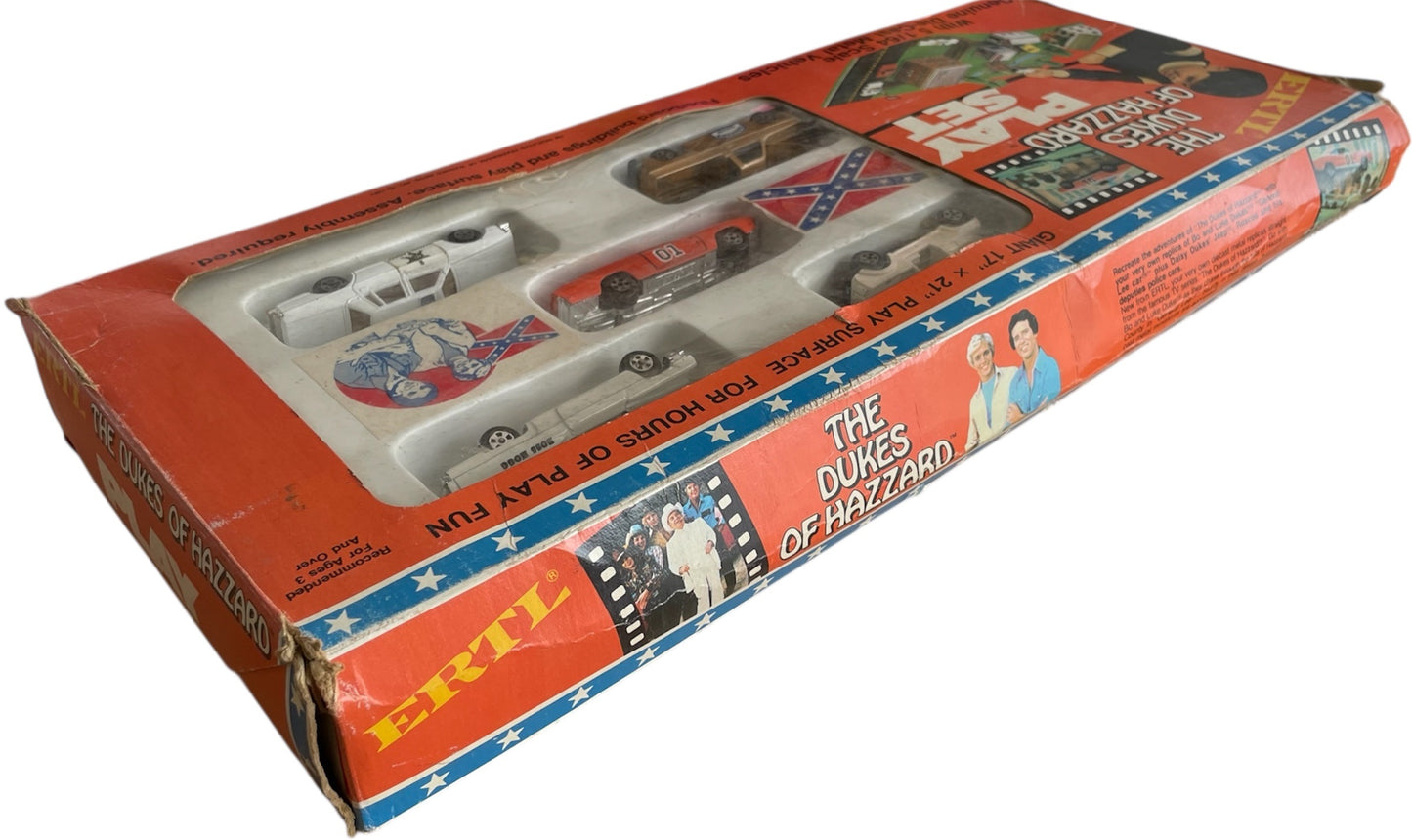 Vintage ERTLs 1981 The Dukes Of Hazzard Play Set - With 5 x 1/64 Scale Die-Cast Model Vehicles, Buildings, Trees And Play Surface - Fantastic Condition Ultra Rare Item - In The Original Box