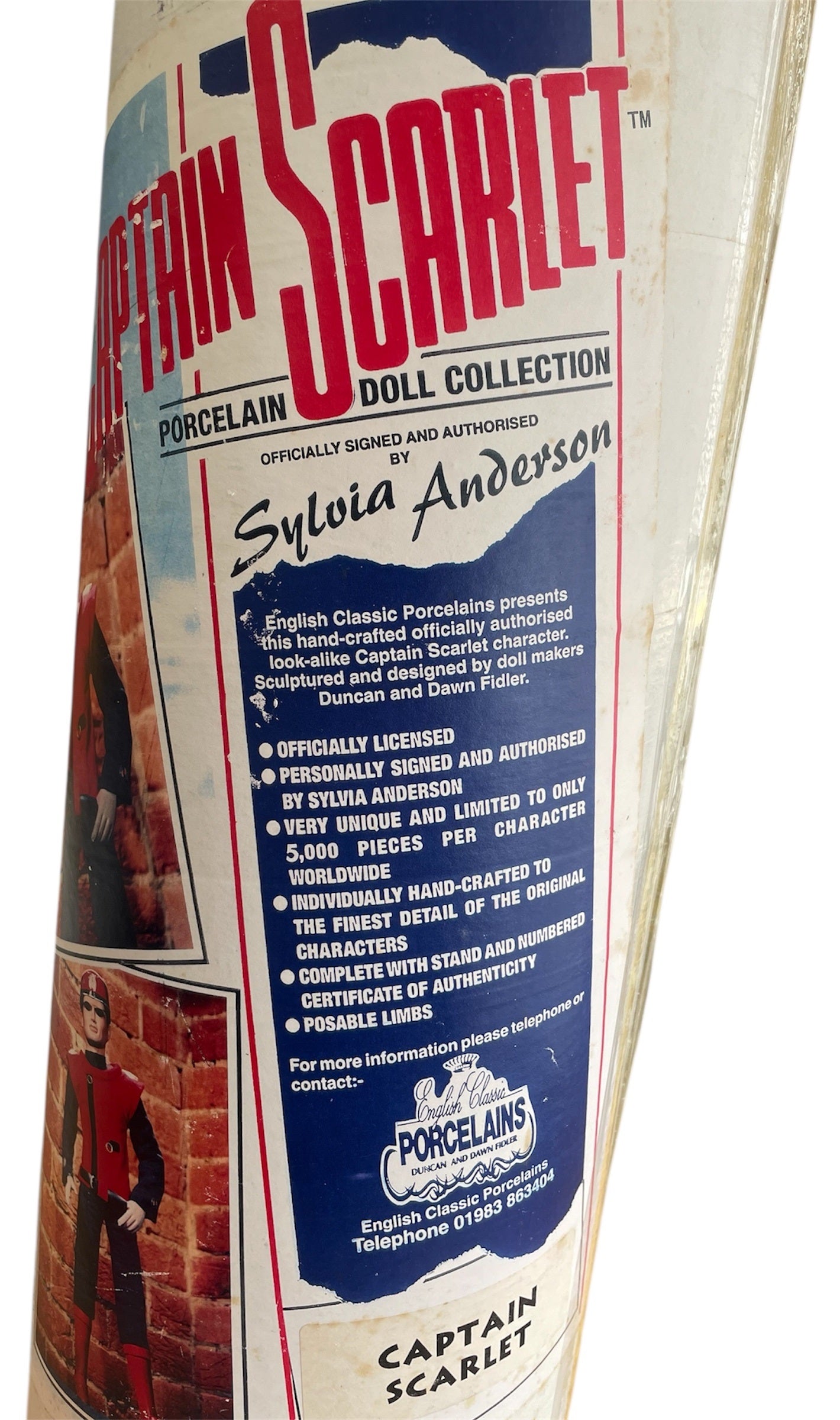 Gerry Andersons English Classic Porcelains Captain Scarlet 24 Inch Porcelain Doll Collection Officially Authorized By Sylvia Anderson Limited Edition 1996 Release - Fantastic Condition In The Original Tube