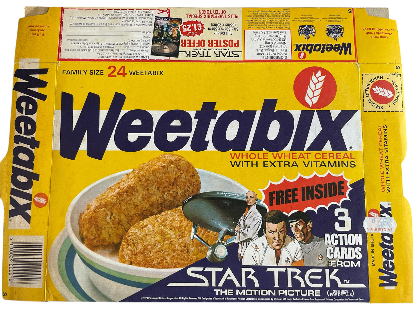 Vintage 1979 Star Trek The Motion Picture Weetabix Breakfast Cereal Box - Klingon Cruiser Amar With Three Free Figure Cards - Unused And Uncut - Ex Shop Stock