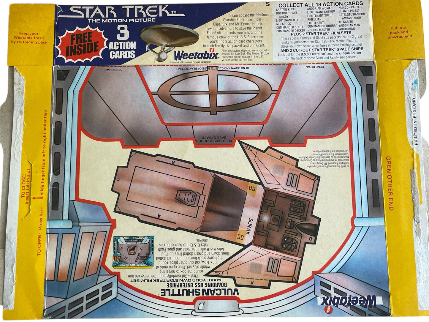 Vintage 1979 Star Trek The Motion Picture Weetabix Breakfast Cereal Box - Vulcan Shuttle With Three Free Figure Cards - Unused And Uncut - Ex Shop Stock