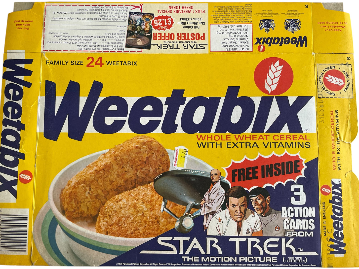 Vintage 1979 Star Trek The Motion Picture Weetabix Breakfast Cereal Box - Vulcan Shuttle With Three Free Figure Cards - Unused And Uncut - Ex Shop Stock