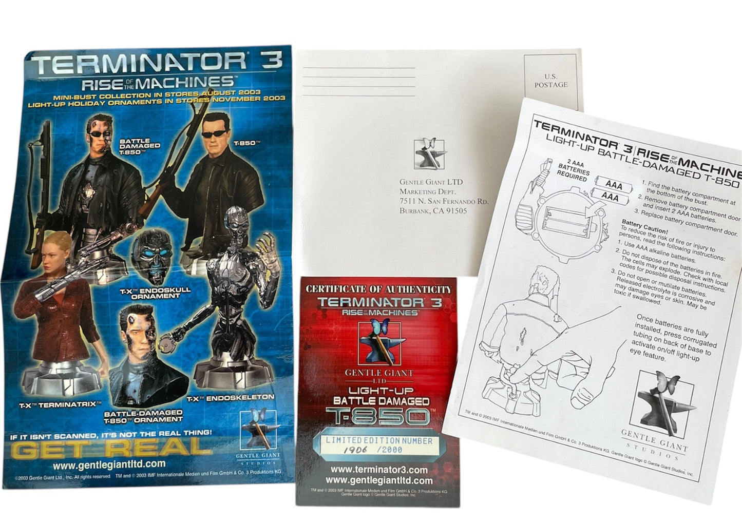 Vintage Gentle Giant 2003 Ultra Rare Limited Edition Terminator 3 - Rise Of The Machines T-850 Battle Damaged Chrome Plated Mini Bust Statue Figurine Light-Up Version - Former Shop Stock