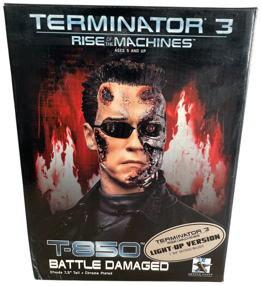 Vintage Gentle Giant 2003 Ultra Rare Limited Edition Terminator 3 - Rise Of The Machines T-850 Battle Damaged Chrome Plated Mini Bust Statue Figurine Light-Up Version - Former Shop Stock