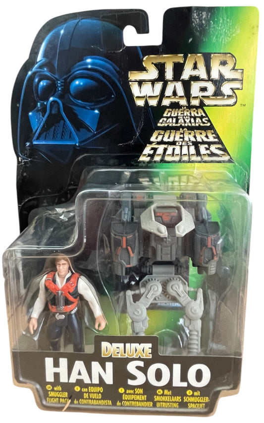 Vintage Kenner 1996 Star Wars The Power Of The Force Deluxe Han Solo Action Figure With Smuggler Flight Pack - Brand New Factory Sealed Shop Stock Room Find