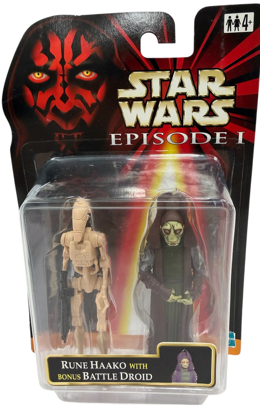 Vintage 1999 Star Wars Episode 1 Rune Haako With Bonus Battle Droid Action Figure Set - Brand New Factory Sealed Shop Stock Room Find