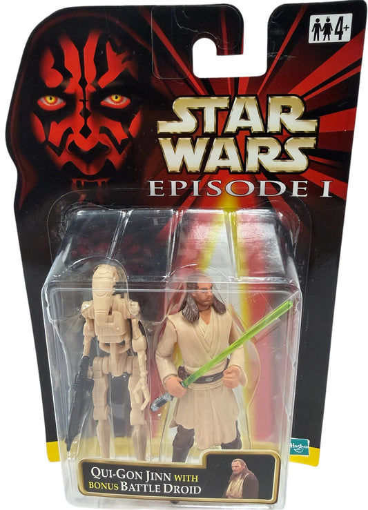 Vintage 1999 Star Wars Episode 1 Qui-Gon Jinn With Bonus Battle Droid Action Figure Set - Brand New Factory Sealed Shop Stock Room Find