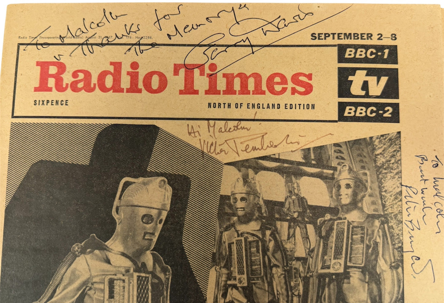 Vintage Radio Times Magazine September 2-8 1967 - Tomb Of The Cybermen - Dr Who Front Cover - Autographed By Gerry Davis, Victor Pemberton, Peter Bryant & Deborah Watling - Ultra Rare - Very Good Condition