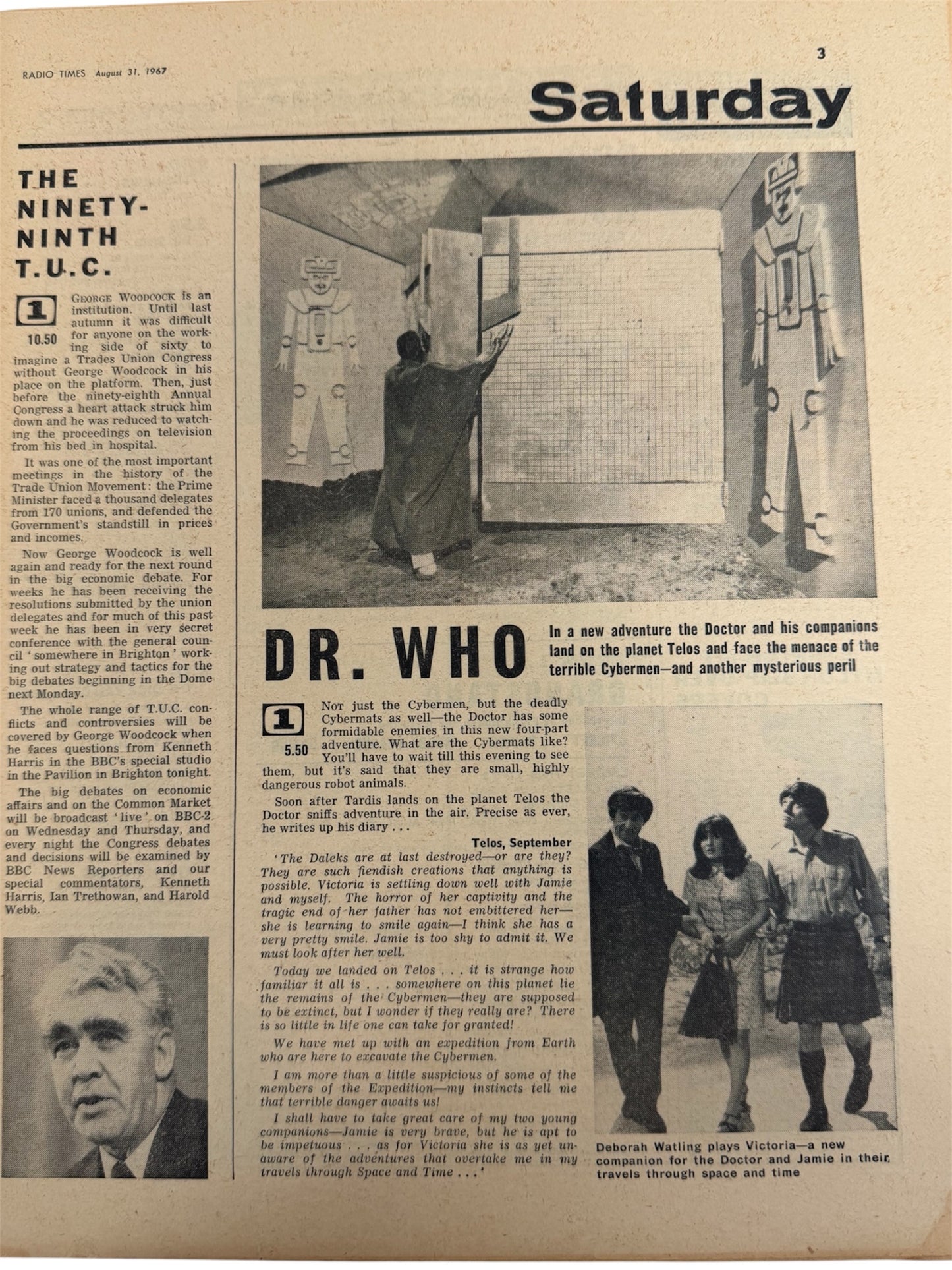 Vintage Radio Times Magazine September 2-8 1967 - Tomb Of The Cybermen - Dr Who Front Cover - Autographed By Gerry Davis, Victor Pemberton, Peter Bryant & Deborah Watling - Ultra Rare - Very Good Condition