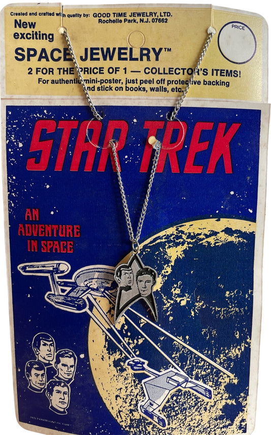 Vintage Good Time Jewelry 1976 Star Trek The Original Series Space Jewelry - Captain Kirk & Mr Spock On The Delta Shield Necklace With Chain Plus Authentic Mini Poster With Peel Of Backing - Very Rare Former Shop Stock