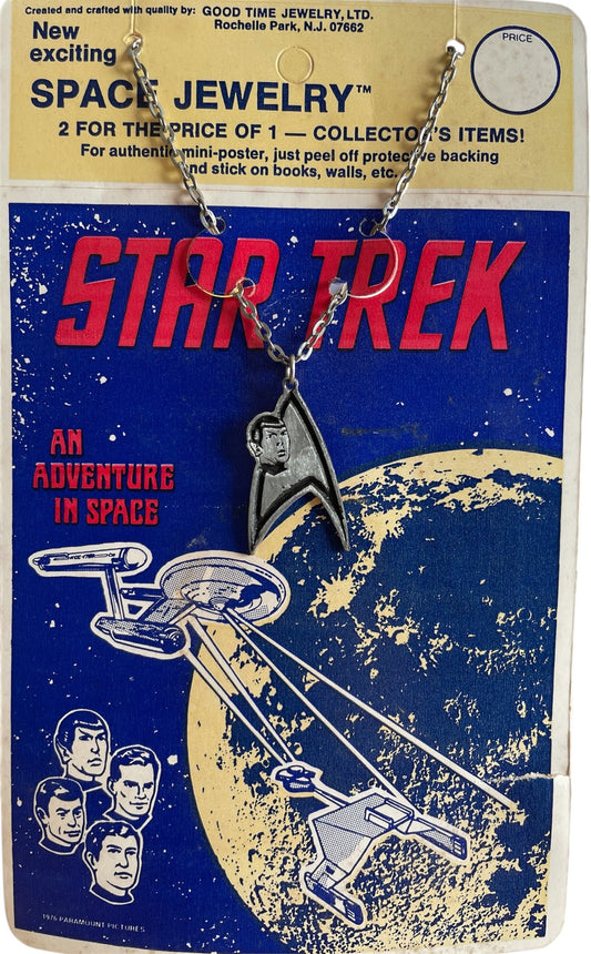 Vintage Good Time Jewelry 1976 Star Trek The Original Series Space Jewelry -Mr Spock And The Delta Shield Necklace On Chain Plus Authentic Mini Poster With Peel Of Backing - Very Rare Former Shop Stock