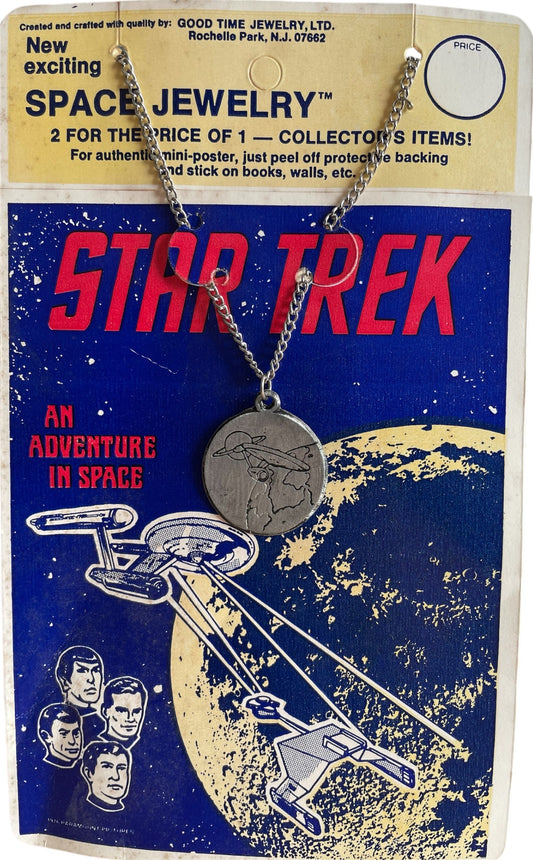 Vintage Good Time Jewelry 1976 Star Trek The Original Series Space Jewelry - The USS Enterprise Medallion Necklace With Chain Plus Authentic Mini Poster With Peel Of Backing - Very Rare Former Shop Stock
