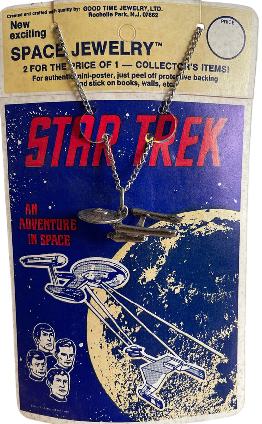 Vintage Good Time Jewelry 1976 Star Trek The Original Series Space Jewelry - USS Enterprise Necklace On Chain Plus Authentic Mini Poster With Peel Of Backing - Very Rare Former Shop Stock