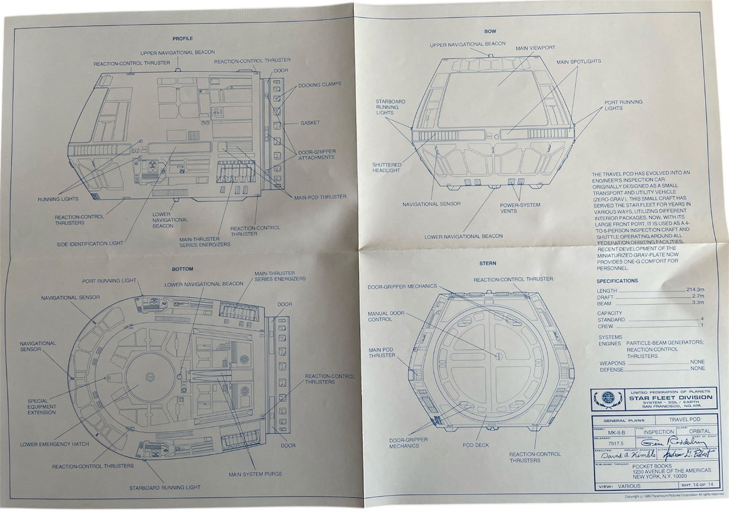 Vintage 1980 Star Trek The Motion Picture 14 Official Blueprints - The Complete Set Of 14 Authentic Blueprints - Former Shop Counter Display Set