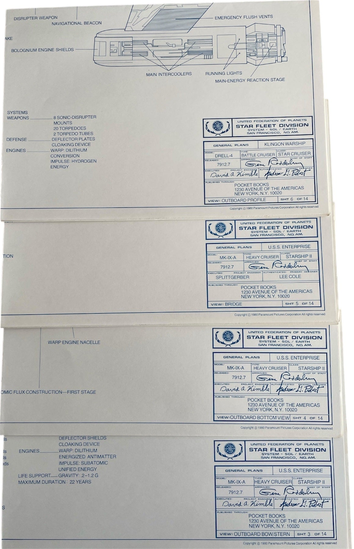 Vintage 1980 Star Trek The Motion Picture 14 Official Blueprints - The Complete Set Of 14 Authentic Blueprints - Former Shop Counter Display Set
