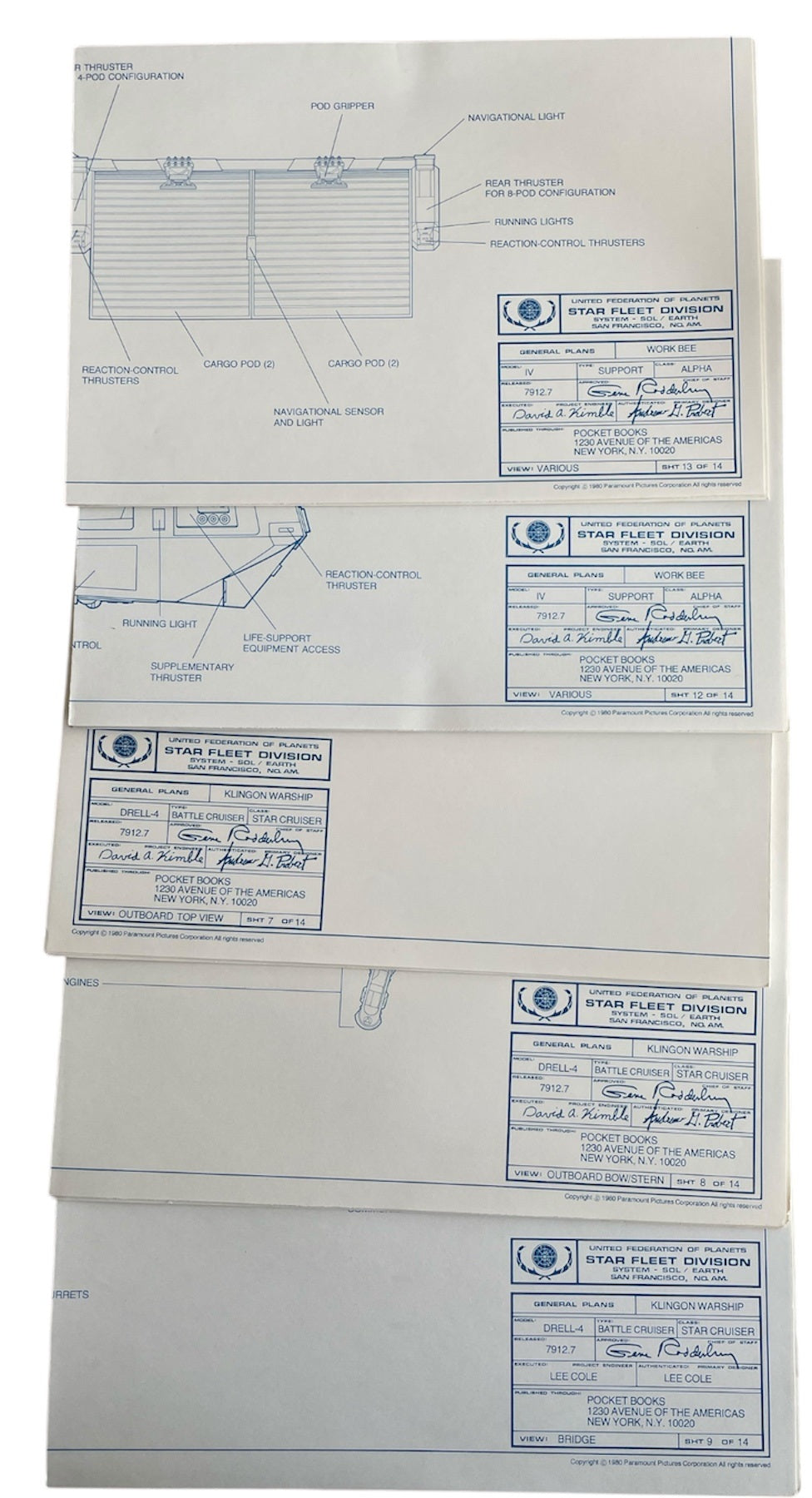 Vintage 1980 Star Trek The Motion Picture 14 Official Blueprints - The Complete Set Of 14 Authentic Blueprints - Former Shop Counter Display Set