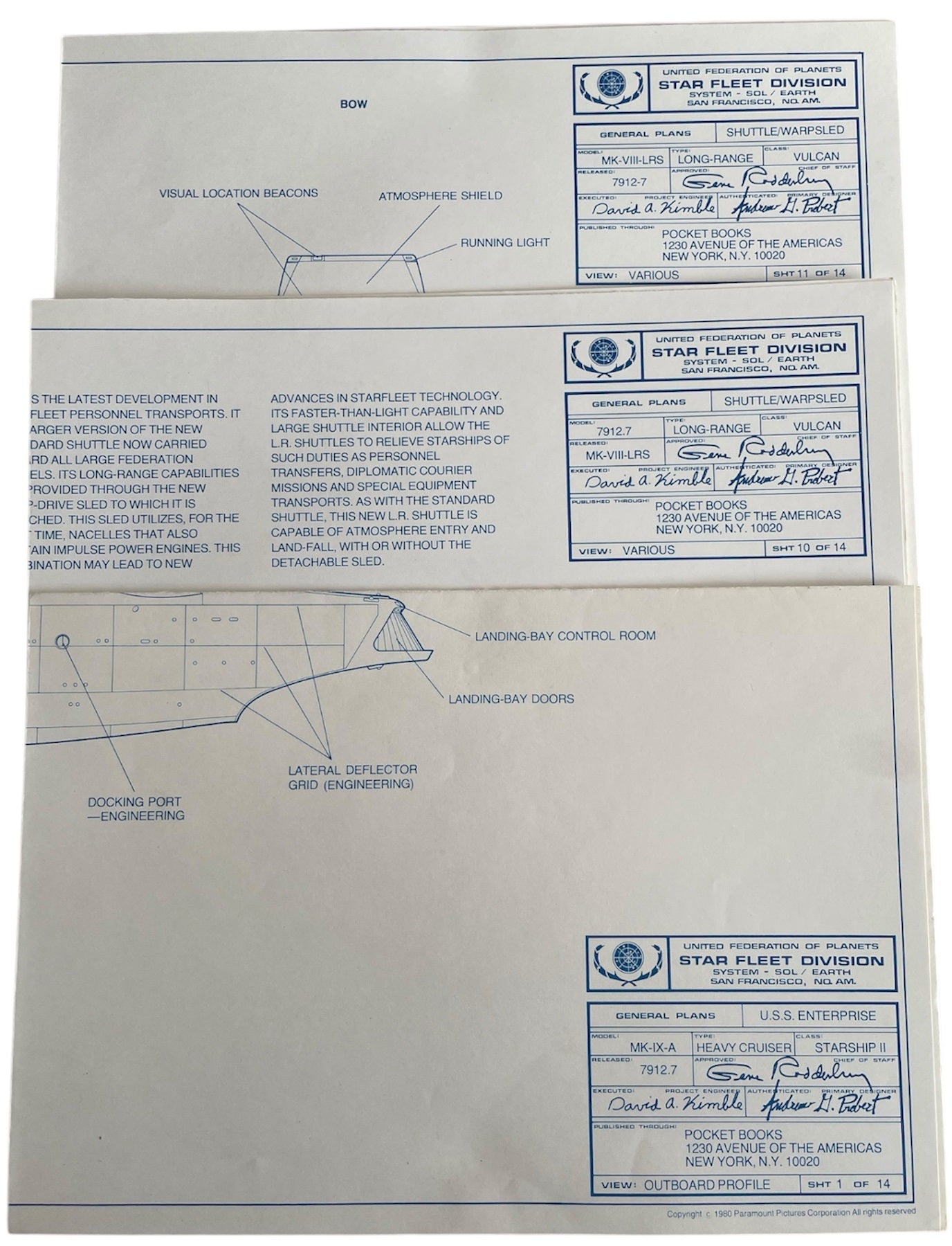 Vintage 1980 Star Trek The Motion Picture 14 Official Blueprints - The Complete Set Of 14 Authentic Blueprints - Former Shop Counter Display Set