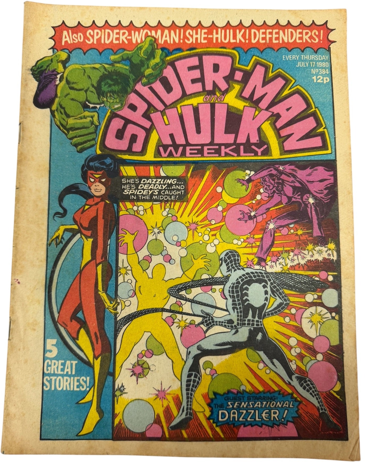Vintage 1980 Marvel Comics Spider-Man And Hulk Weekly Comic Issue Number No.384 17th July 1980 Guest Starring Spider-Women &amp; She-Hulk - Ex Shop Stock (2.5 Grade)