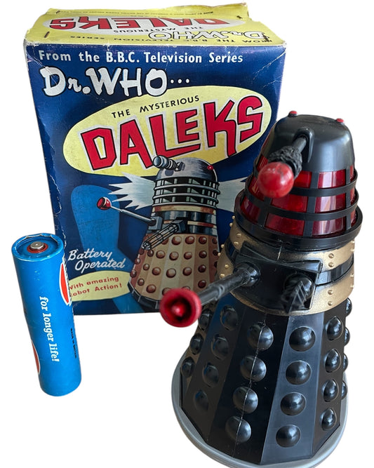 Vintage 1964 Doctor Dr Who The Mysterious Daleks Battery Operated Bump And Go Black Dalek - Fantastic Condition, Fully Working - In The Original Box