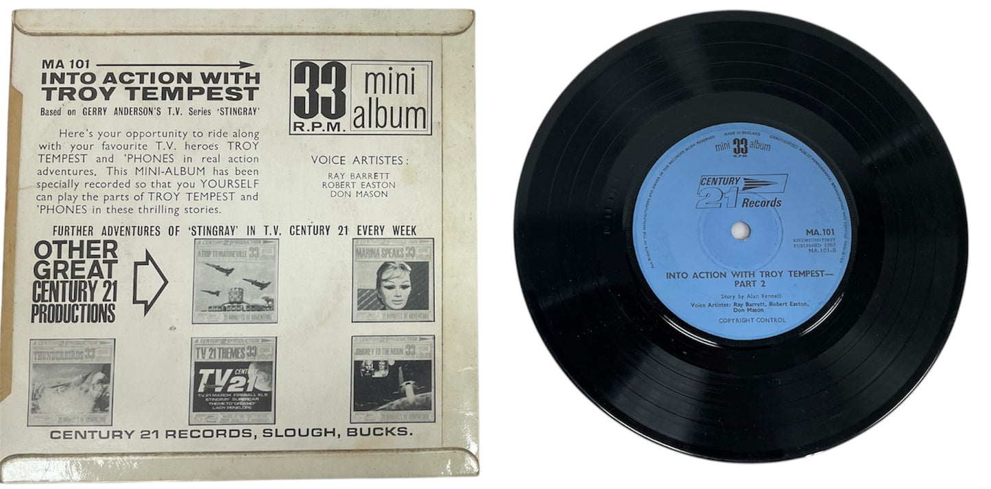 Vintage 1965 Gerry Andersons A Century 21 Production - Into Action With Troy Tempest - 33RPM Mini Album - 21 Minutes Of Adventure Vinyl Record