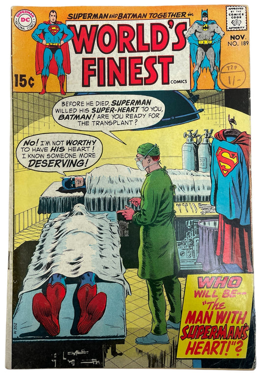 Vintage 1969 DC Comics - Worlds Finest Comic Issue Number 189 Nov 69 With Superman &amp; Batman (3.5) - Good Condition - Former Shop Stock.)