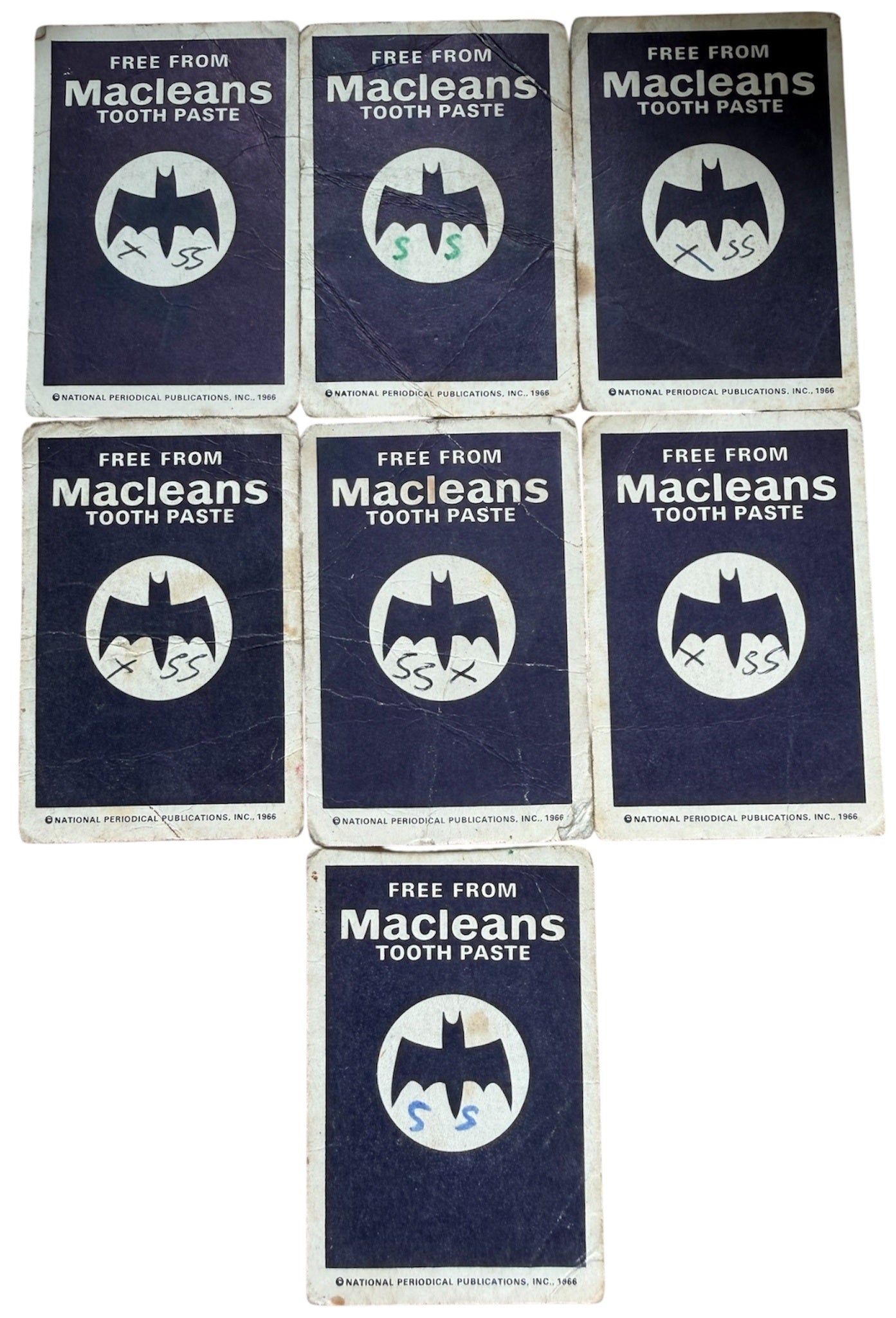 Ultra Rare Vintage 1966 Batman - Macleans Tooth Paste Set Of 7 Cards From Set Of 32. Good Condition Ultra Rare
