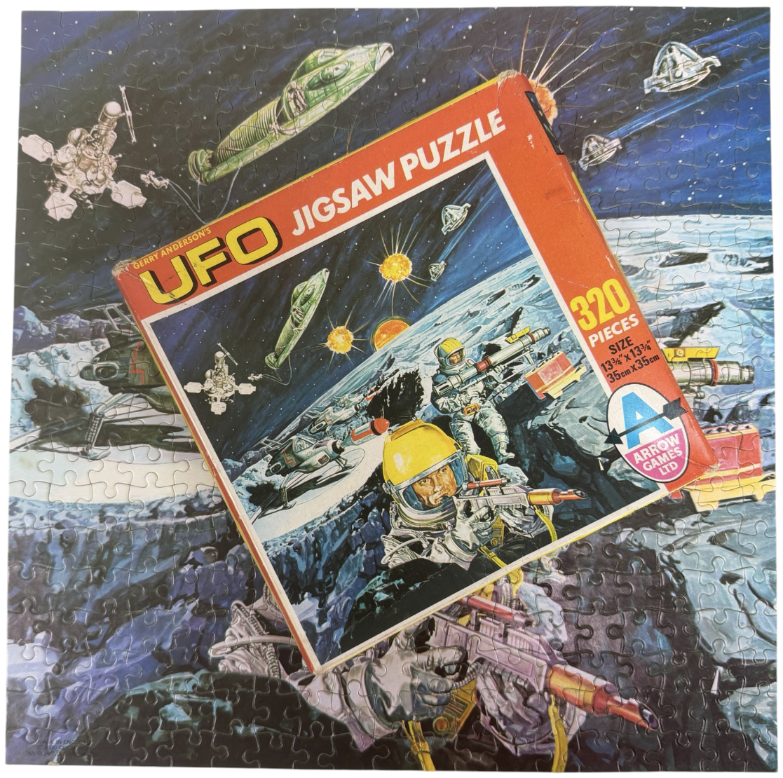 Vintage Arrow Games 1970 Gerry Andersons&nbsp; UFO 320 Piece Jigsaw Puzzle No. 2316 Aliens Attack On Moonbase - Complete And In The Original Box -Ex Shop Stock