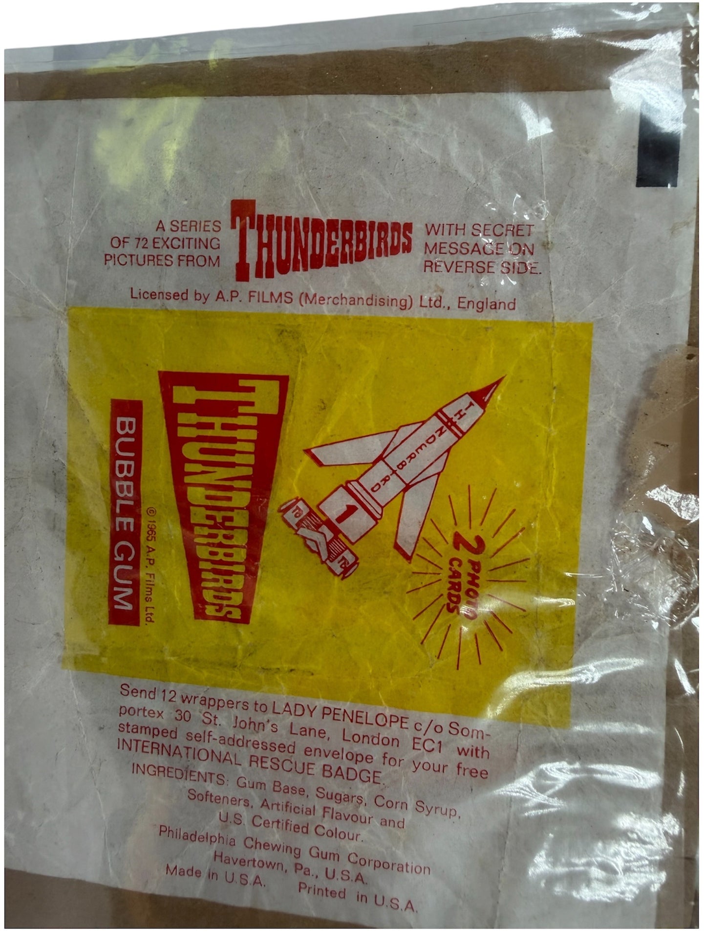 Vintage 1965 Somportex Gerry Andersons Thunderbirds Bubble Gum Card Paper Wrapper&nbsp; Fantastic Condition Ultra Rare