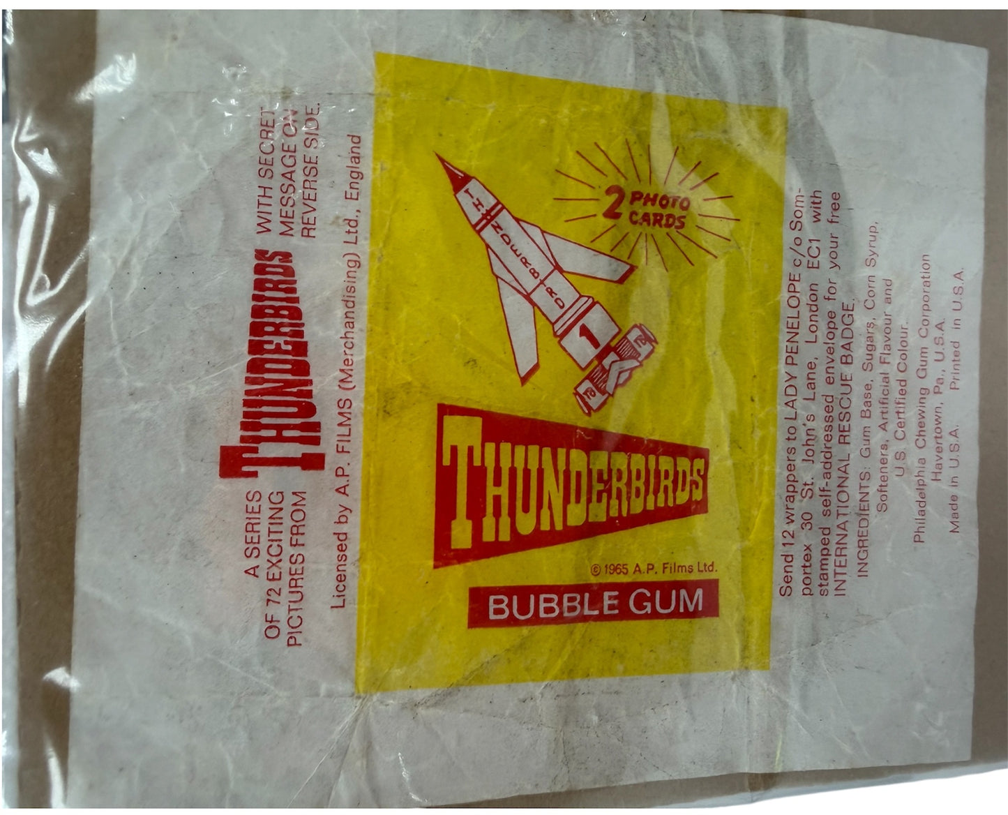 Vintage 1965 Somportex Gerry Andersons Thunderbirds Bubble Gum Card Paper Wrapper&nbsp; Fantastic Condition Ultra Rare