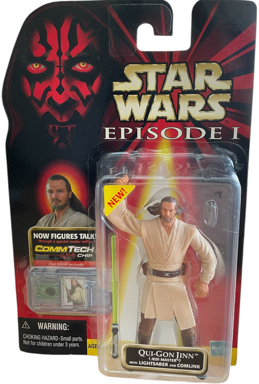 Vintage 1999 Star Wars Episode 1 The Phantom Menace Qui-Gon Jinn Jedi Master Action Figure With Lightsaber And Commlink Plus Comm Talk Chip - Factory Sealed Shop Stock Room Find