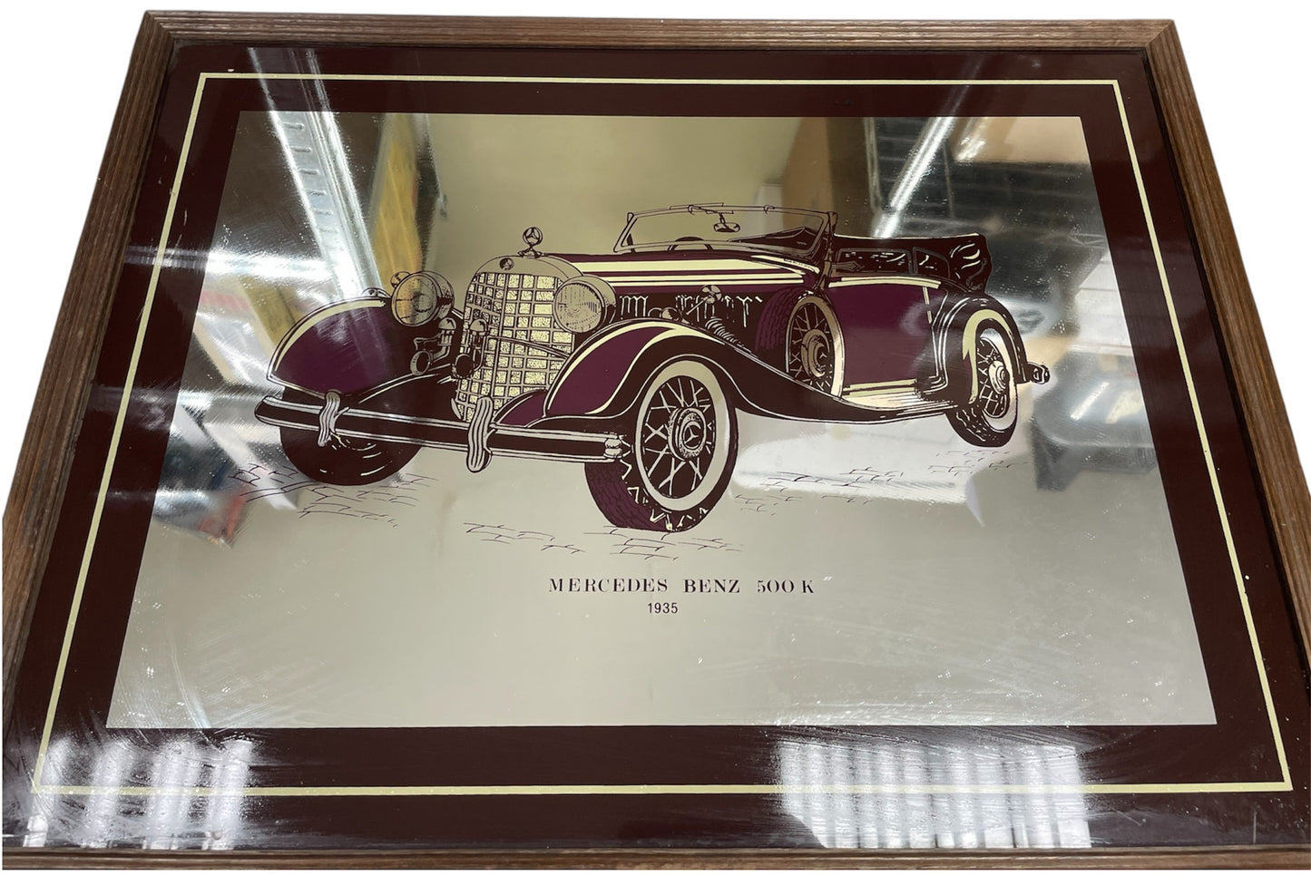 Vintage 1950's Original Large Pub Decoration Framed Mirror - Mercedes Benz 500K 1935 - 65cm X 50cms