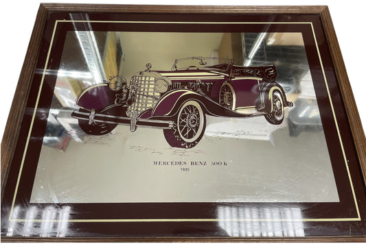 Vintage 1950's Original Large Pub Decoration Framed Mirror - Mercedes Benz 500K 1935 - 65cm X 50cms