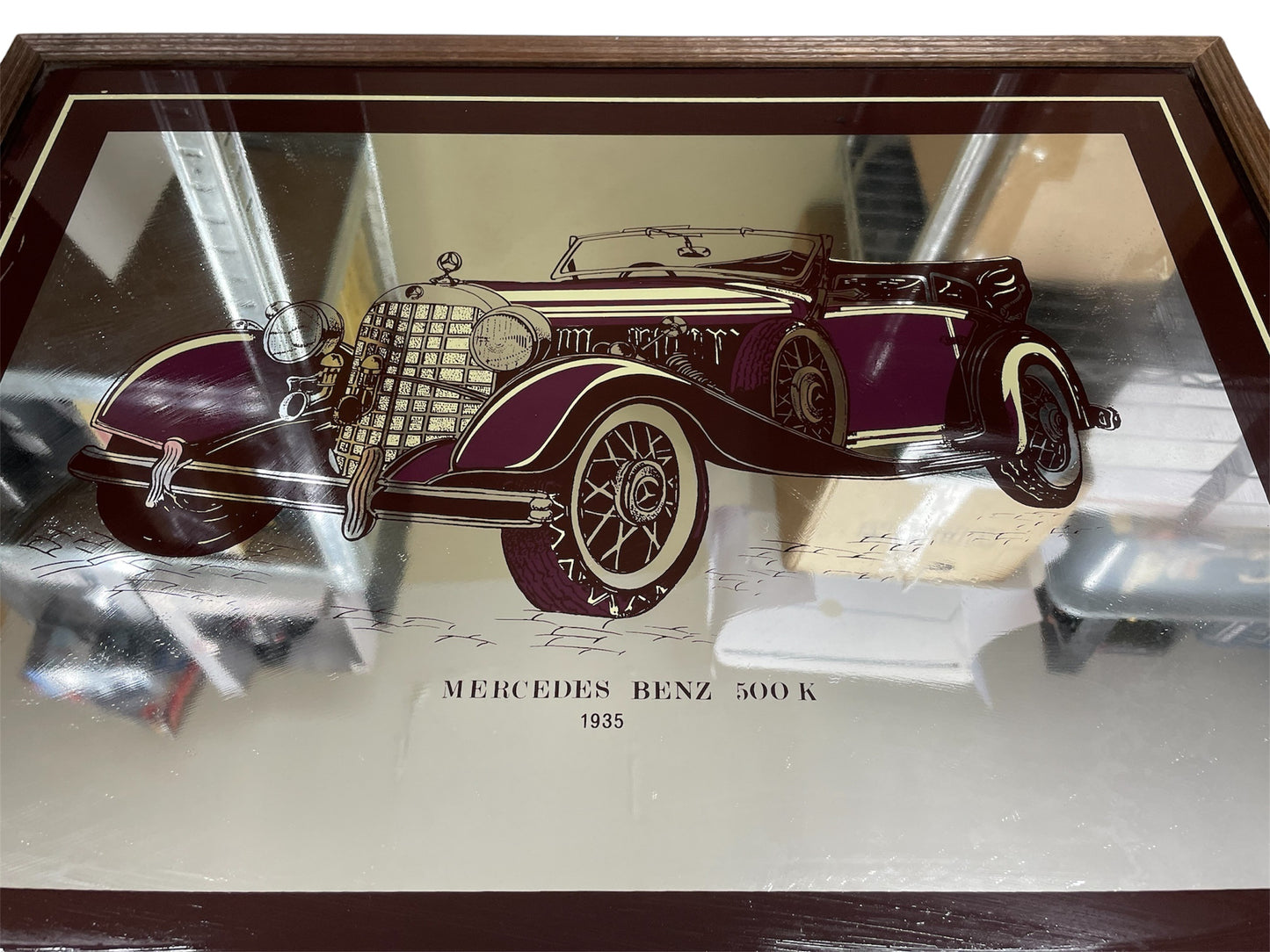 Vintage 1950's Original Large Pub Decoration Framed Mirror - Mercedes Benz 500K 1935 - 65cm X 50cms