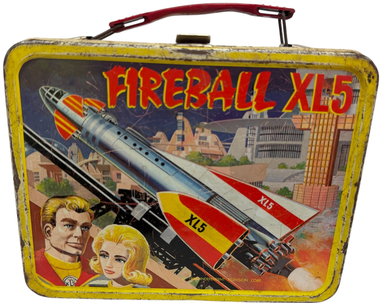 Vintage 1964 KST Gerry Andersons Fireball XL5 Tin Tote Lunch Box With Thermos Thermal Bottle Flask - Very Good Condition Ultra Rare Item