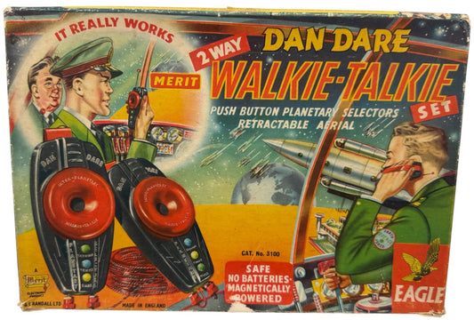 Vintage 1950's J & L Randall Ultra Rare Merit 1950's Dan Dare - 2 Way Walkie Talkie Set All Red - Complete In The Original Box