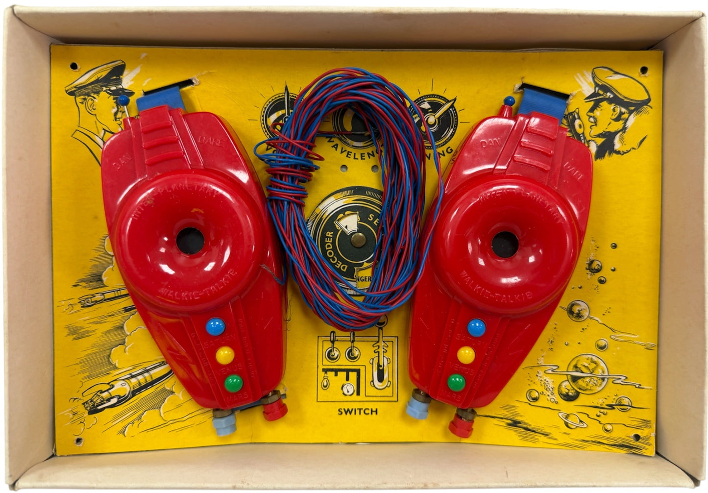 Vintage 1950's J & L Randall Ultra Rare Merit 1950's Dan Dare - 2 Way Walkie Talkie Set All Red - Complete In The Original Box