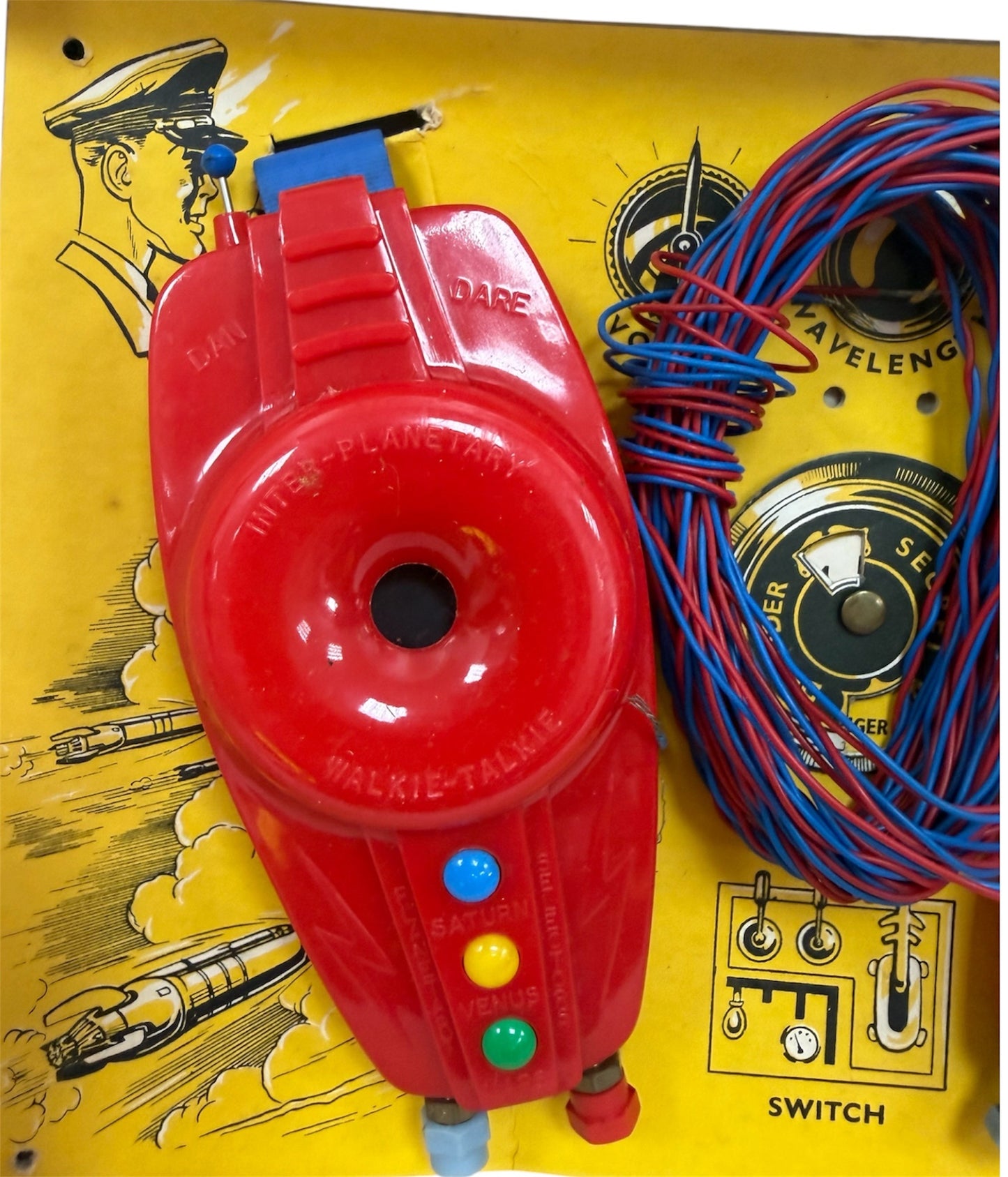 Vintage 1950's J & L Randall Ultra Rare Merit 1950's Dan Dare - 2 Way Walkie Talkie Set All Red - Complete In The Original Box