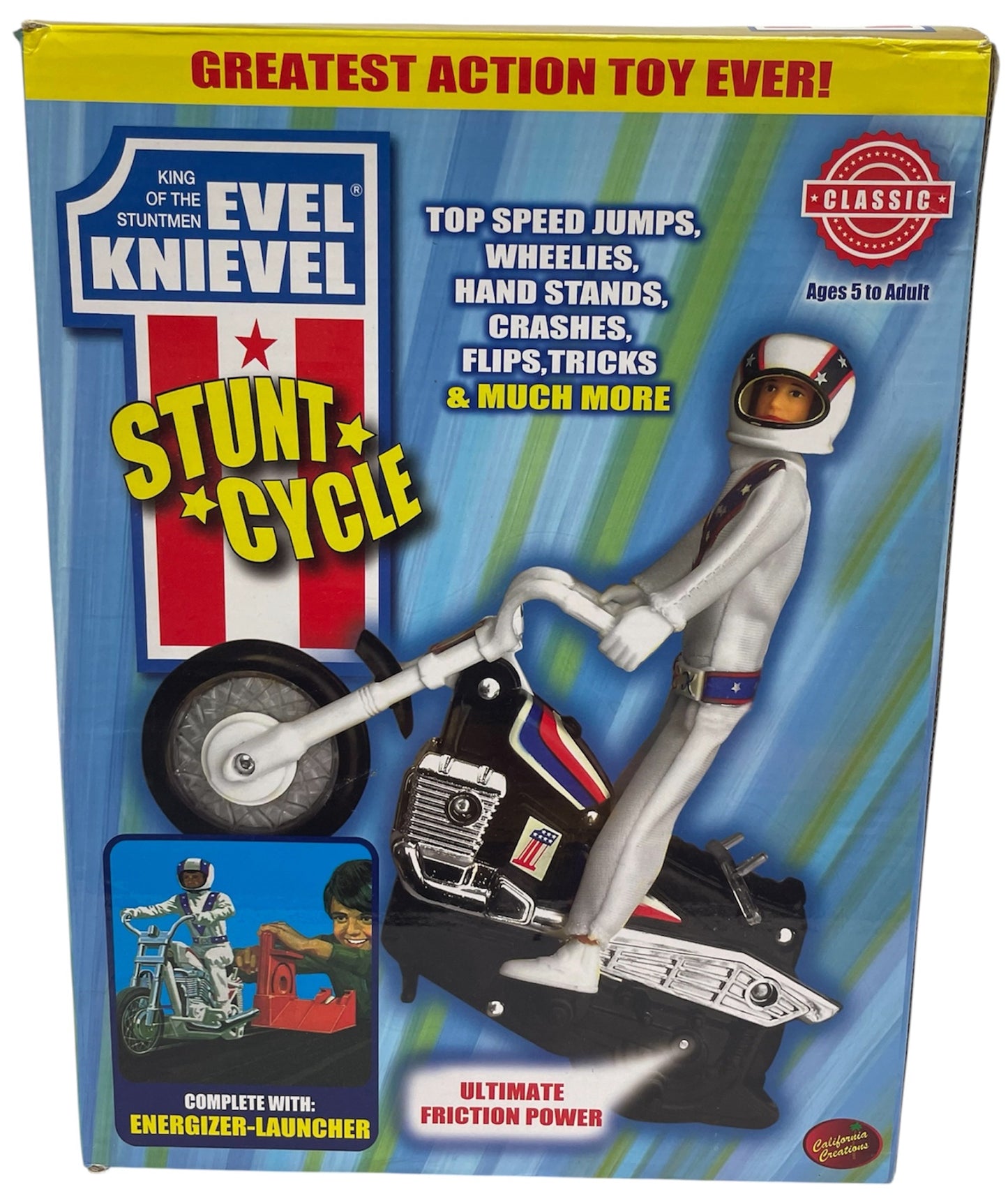 Classic Retro Reissue Evel Knievel King Of The Stuntmen Stunt Cycle Bike Complete With Evel Knievel Figure And Gyro Energizer - New In Box - Unsold Shop Stock